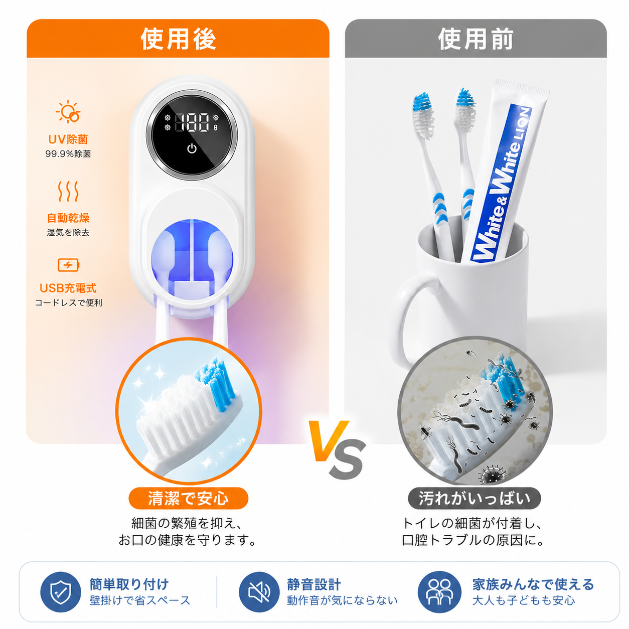 CleanBrush™ [人気ランキング1位]歯ブラシ除菌器 自動] 「見えない菌から家族の健康を守る。」